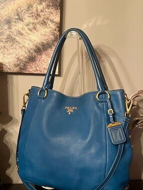 Prada Blue Pebbled Leather Tote with Gold Hardware